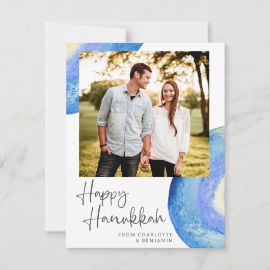 ハヌカ | モダン アブストラクト ブルー ウォーターカラー フォト シーズンカード (正面)