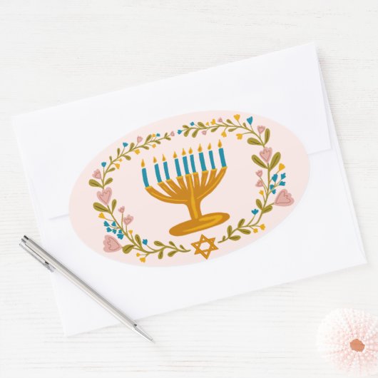 ハヌカ Menorah 花冠 ユダヤの祝日 楕円形シール (封筒)