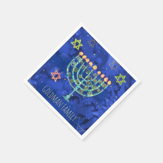 ハヌッカアクア(ユダヤ教)メノラースターオブデイヴィッドオンブルー スタンダードカクテルナプキン (角)