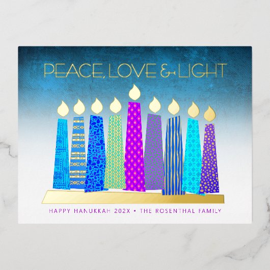 ハヌッカキャンドルピースラブ実在ターコイズ金ゴールド 箔シーズンポストカード (正面)