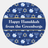 ハヌッカドレイデル(ユダヤ教)メノラーパターンブルーカスタムギフト ラウンドシール (正面)
