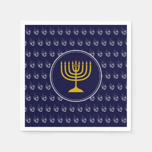 ハヌッカドレイデル（ユダヤ教）メノラーブルーシルバーグレイ スタンダードカクテルナプキン (正面)