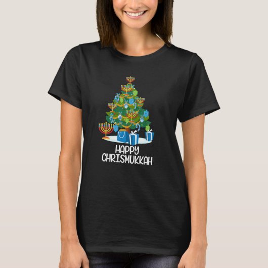 ハヌッカハッピークリスムカクリスマスツリーおもしろい Tシャツ (正面)