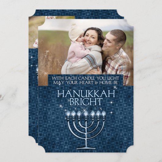 ハヌッカブライトブルー(ユダヤ教)メノラー3枚 – 写真 シーズンカード (正面/裏面)