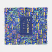 ハヌッカブルー金ゴールド(ユダヤ教)メノラースターオブデイヴィッドネーム フリースブランケット (正面(横))