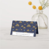 ハヌッカブルー&金ゴールド(ユダヤ教)メノラーパターンネイビーブルー プレイスカード (裏面)