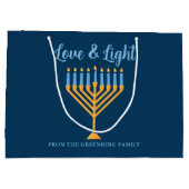 ハヌッカラブ&ライト（ユダヤ教）メノラーカスタマイズ可能ブルー ラージペーパーバッグ (裏面)