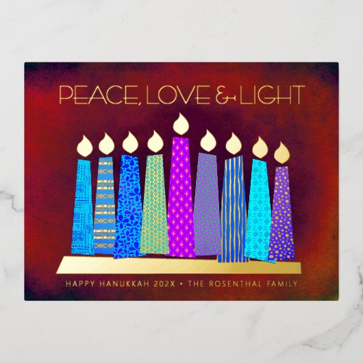 ハヌッカロウソク赤い平和ラブライト実在金ゴールド 箔シーズンポストカード (正面)