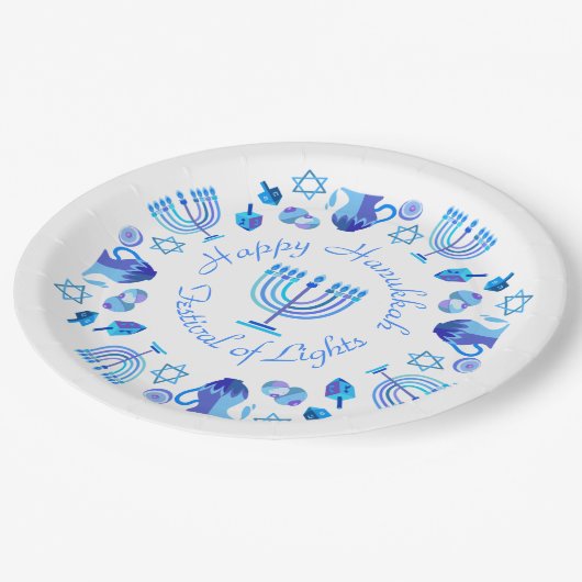 ハヌッキーハッピーハヌッカユダヤ人ホリデイ(ユダヤ教)メノラー ペーパープレート (アングル)