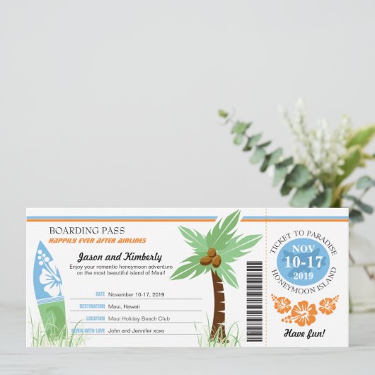 ハネムーンギフト搭乗パスパームツリーサーフボード 招待状 (スタンド正面)