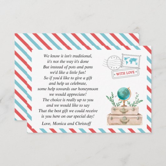 ハネムーンファンドリクエストワールドトラベルウェディングシャワー エンクロージャーカード (正面/裏面)
