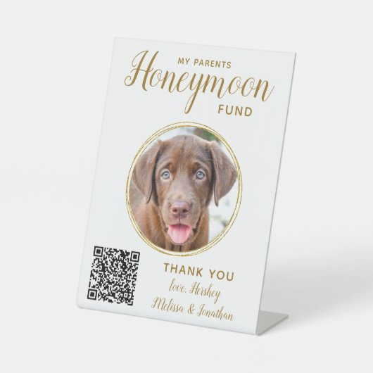 ハネムーンファンド結婚ペットの金ゴールドQRコードドッグフォト 台座サイン (正面)