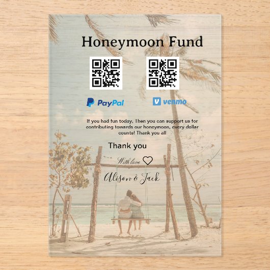 ハネムーンファンド Venmo PayPal 寄付 QR カップル アクリル招待状 (正面)