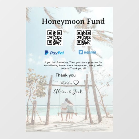 ハネムーンファンド Venmo PayPal 寄付 QR カップル ウィンドウサイン (シート)