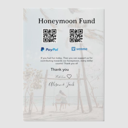 ハネムーンファンド Venmo PayPal 寄付 QR カップル ベラム紙招待状 (正面)