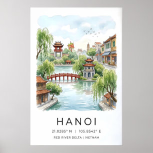 ハノイの水彩画、赤いアーチ橋、湖 ポスター