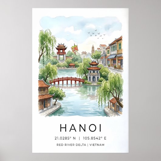 ハノイの水彩画、赤いアーチ橋、湖 ポスター (正面)