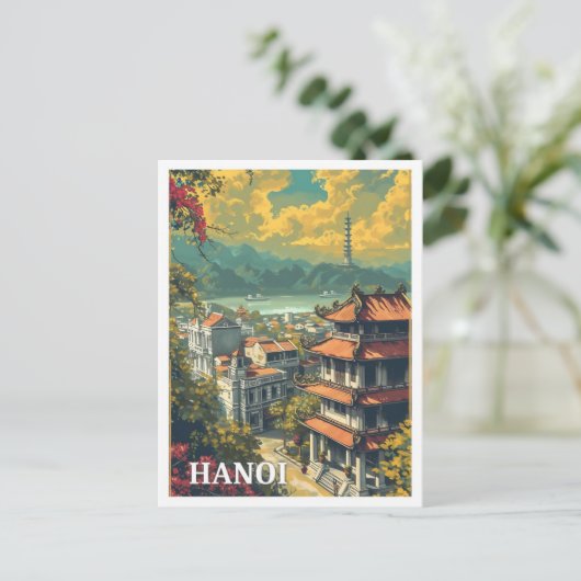 ハノイベトナムヴィンテージアートトラベルイラストレーション ポストカード (スタンド正面)