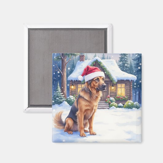 ハノーバーの猟犬 雪に覆われた森の小屋 サンタの帽子 マグネット (正面/裏面)