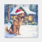 ハノーバーの猟犬 雪に覆われた森の小屋 サンタの帽子 マグネット (正面)