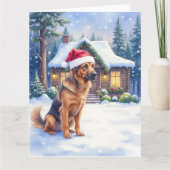 ハノーバーの猟犬 雪に覆われた森の小屋 サンタハット カード (正面)