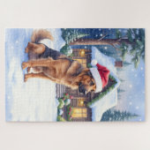 ハノーバーの猟犬 雪に覆われた森の小屋 サンタ帽子 ジグソーパズル (横)