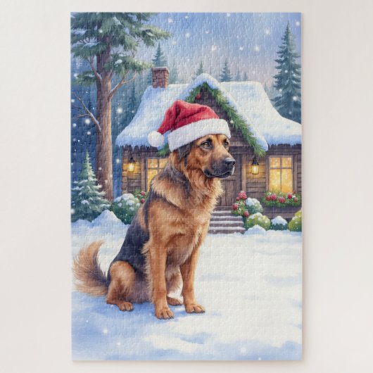ハノーバーの猟犬 雪に覆われた森の小屋 サンタ帽子 ジグソーパズル (縦)