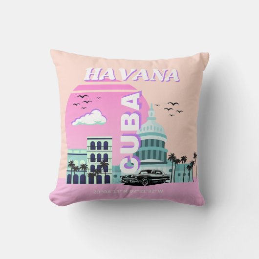 ハバナキューバピンク旅行アート クッション (正面)