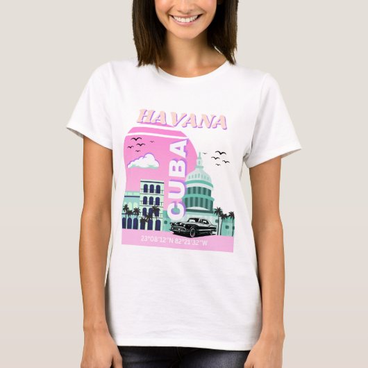 ハバナキューバピンク旅行アート Tシャツ (正面)