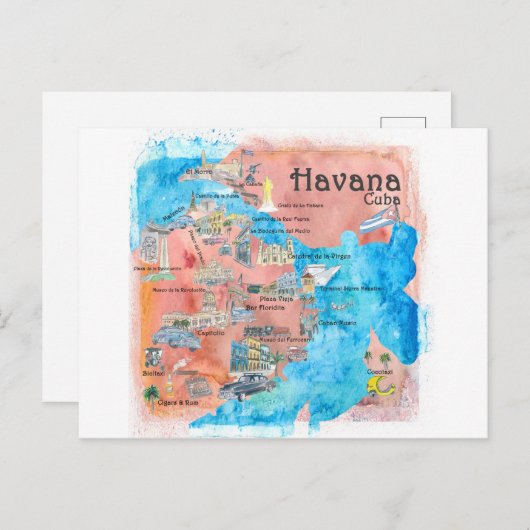 ハバナキューバ図解入りの、写真付きのな旅行ポスター地図の郵便はがき ポストカード (正面/裏面)