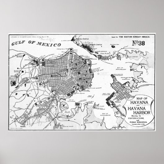 ハバナヴィンテージの地図（1898年） 2 BW ポスター (正面)