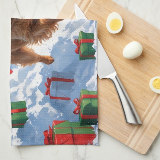 ハバナ走スのクリスマス帽子と雪 キッチンタオル (四つ折り)