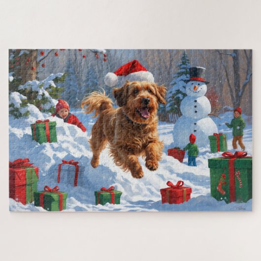 ハバナ走スのクリスマス帽子と雪 ジグソーパズル (横)