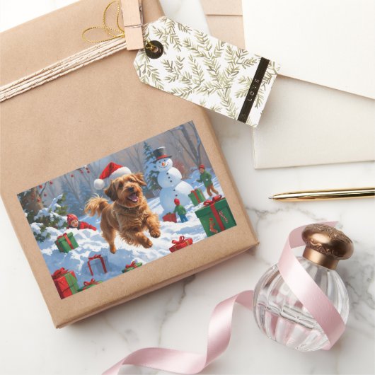 ハバナ走スのクリスマス帽子と雪 長方形シール (ギフト)