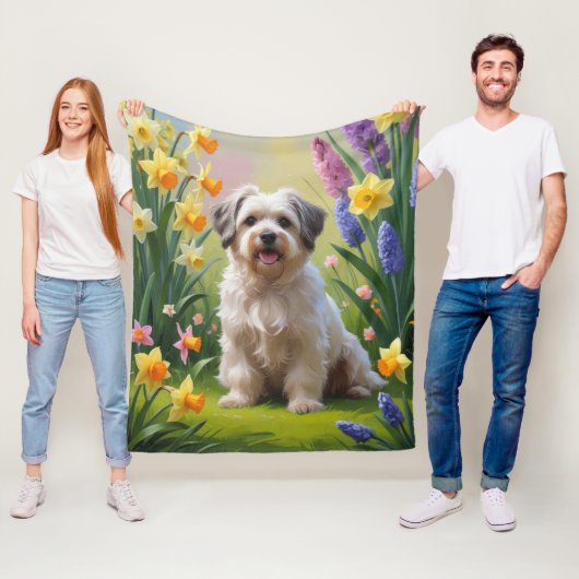 ハバニーズの犬と春の花の絵画 フリースブランケット (インサイチュ)