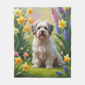 ハバニーズの犬と春の花の絵画 フリースブランケット (正面)