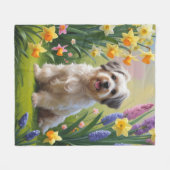 ハバニーズの犬と春の花の絵画 フリースブランケット (正面(横))