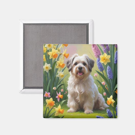 ハバニーズの犬と春の花の絵画 マグネット (正面/裏面)