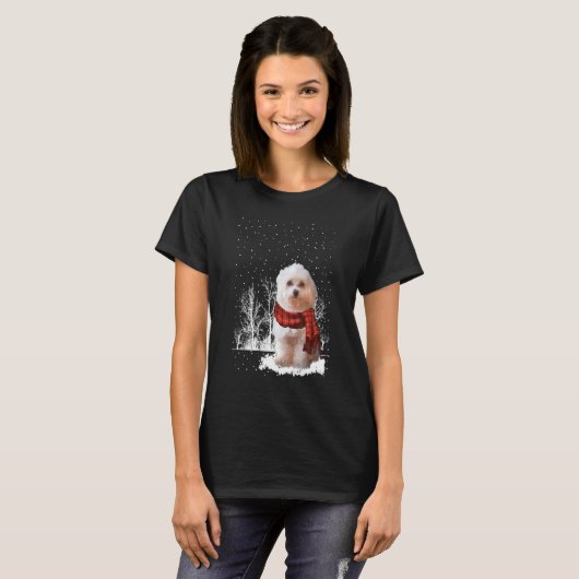 ハバニーズ冬のスカーフ犬の木の森の雪クリス Tシャツ (正面フル)