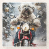 ハバニーズ犬がオートバイクリスマスに乗る ガラスコースター (正面)