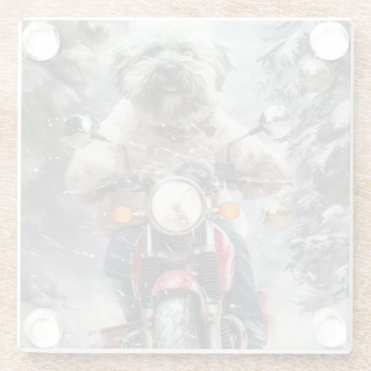 ハバニーズ犬がオートバイクリスマスに乗る ガラスコースター (裏面)