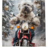 ハバニーズ犬がオートバイクリスマスに乗る シャワーカーテン (正面)