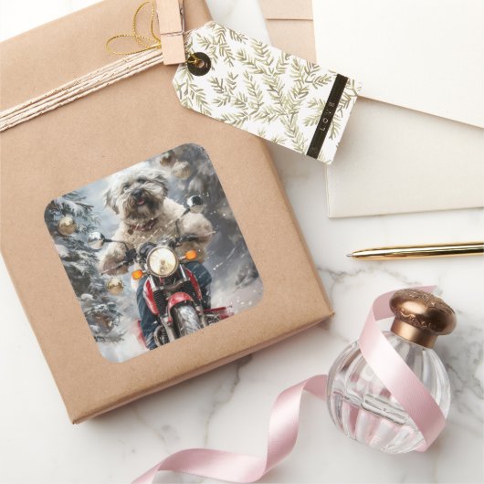 ハバニーズ犬がオートバイクリスマスに乗る スクエアシール (ギフト)