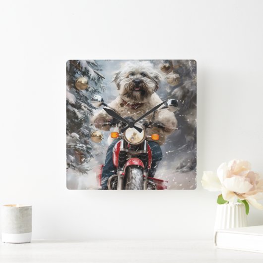 ハバニーズ犬がオートバイクリスマスに乗る スクエア壁時計 (ホーム)