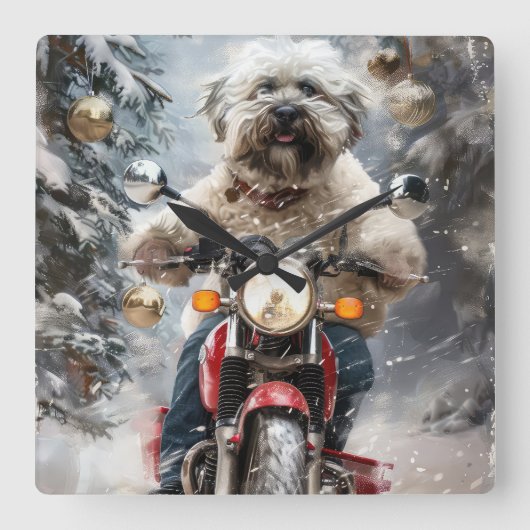 ハバニーズ犬がオートバイクリスマスに乗る スクエア壁時計 (正面)