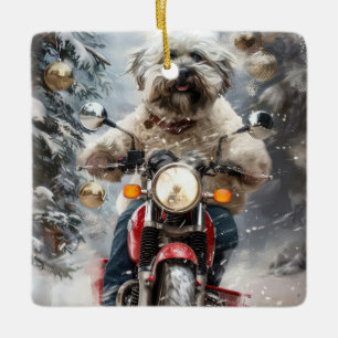 ハバニーズ犬がオートバイクリスマスに乗る セラミックオーナメント