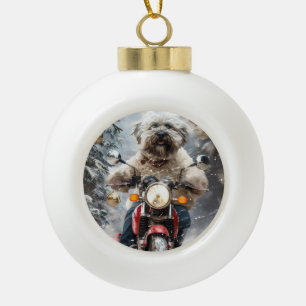 ハバニーズ犬がオートバイクリスマスに乗る セラミックボールオーナメント
