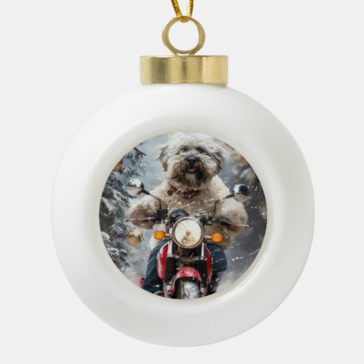 ハバニーズ犬がオートバイクリスマスに乗る セラミックボールオーナメント (正面)