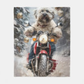 ハバニーズ犬がオートバイクリスマスに乗る フリースブランケット (正面)