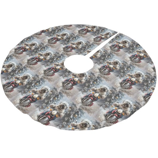 ハバニーズ犬がオートバイクリスマスに乗る ブラッシュドポリエステルツリースカート (アングル)